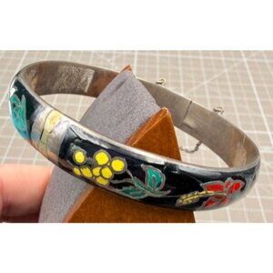 Vintage Sterling Silver Cloisonné Floral Hinged Bracelet Hand-Painted Enamel 19g